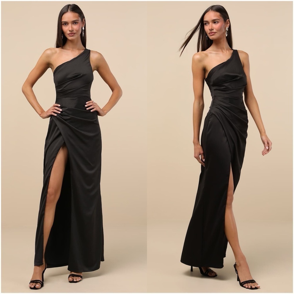 LULU’S Dreaming Of Elegance Black Satin One-Shoulder Maxi Dress